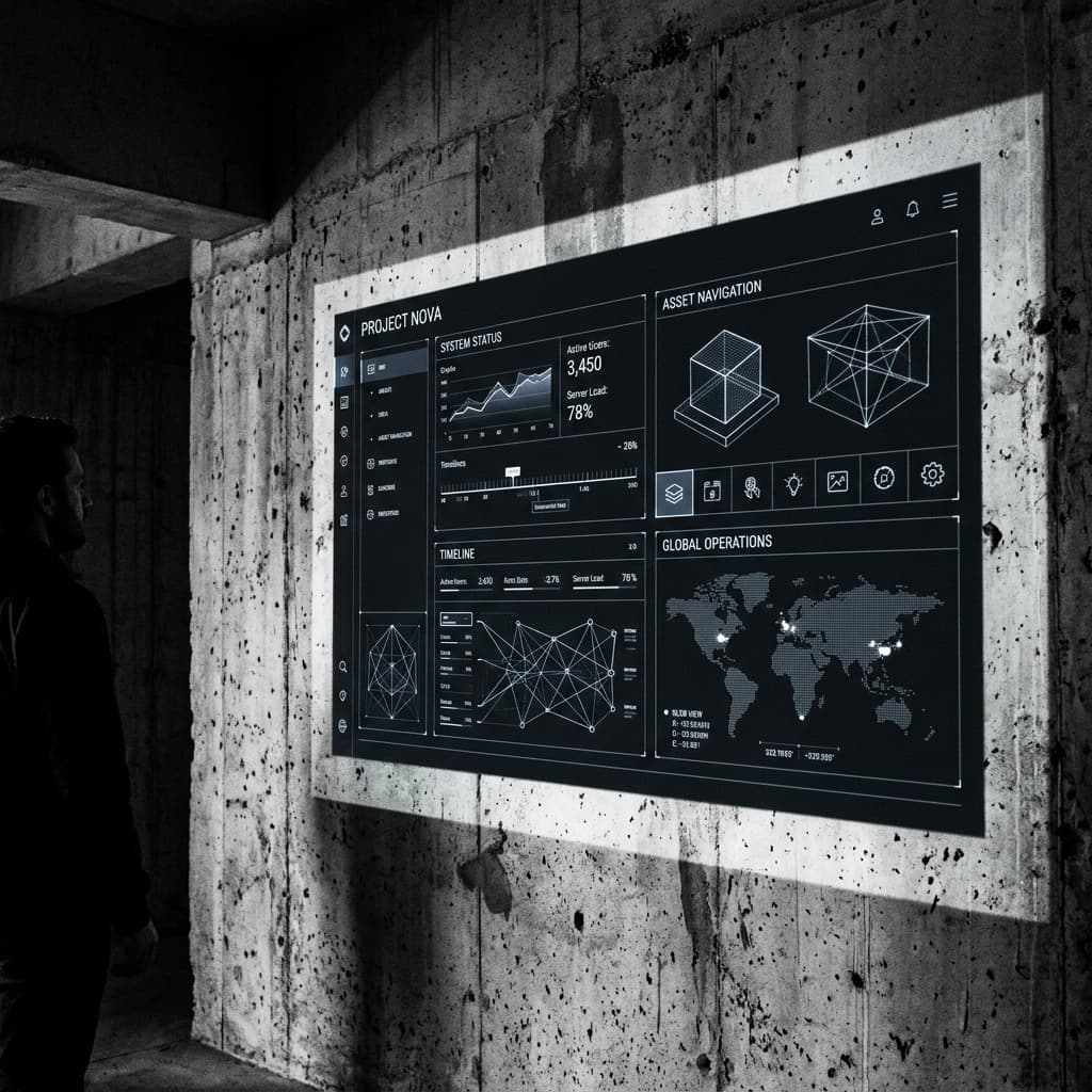 Sleek UI layouts projected onto concrete slabs